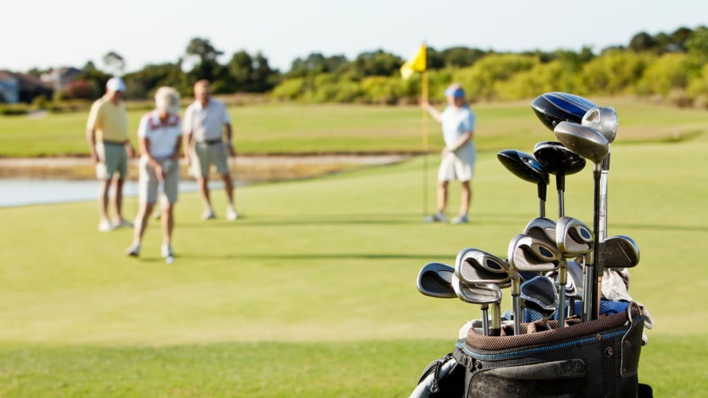 A set of golf clubs in a bag in the foreground with four people standing on a golf course green in the background, one holding a flagstick.
